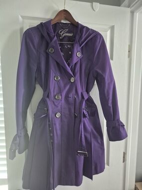 Guess Purple Double-Breasted Hooded Trench Coat